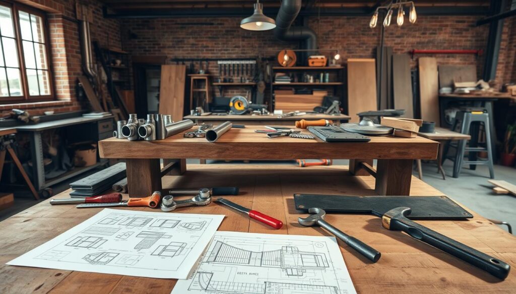 a well-lit workshop scene, wide-angle view of a sturdy wooden worktable with an array of tools and materials for an industrial-style coffee table project: metal pipes, steel plates, wrenches, hammers, and saws. In the foreground, design sketches and blueprints are spread out, indicating the planning and preparation stage. The background features exposed brick walls and hanging industrial lights, creating a warm, rustic ambiance. Soft shadows and highlights accentuate the textures and forms of the various components, suggesting an atmosphere of focused creativity and hands-on craftsmanship.